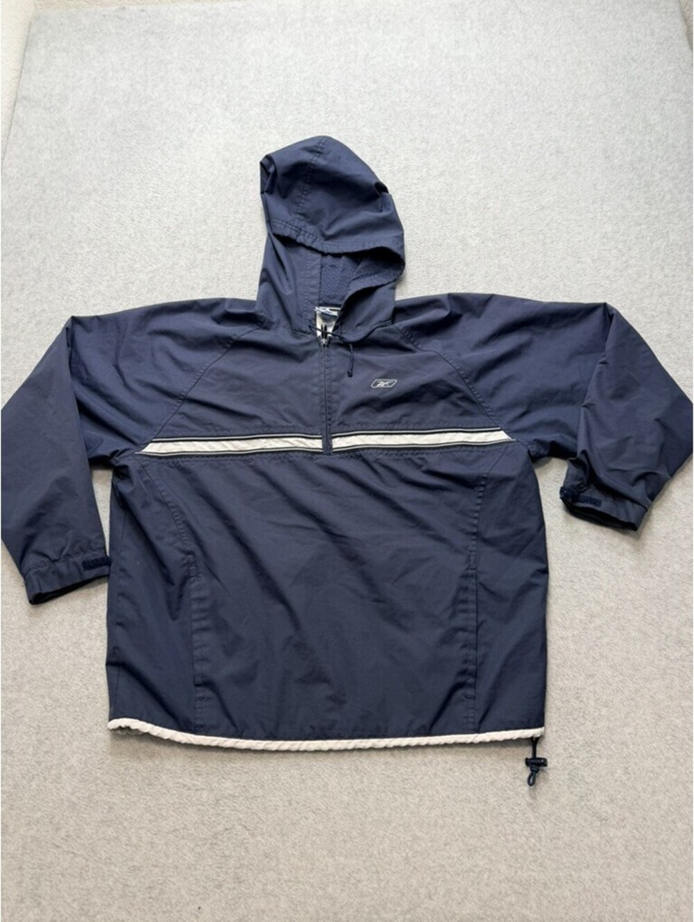 Reebok Women Pullover Hooded Windbreaker Jacket L Navy Blue White Stripe Quarter
